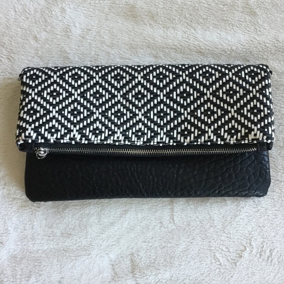 None Handbags - Clutch Bag Black White Vegan Faux Leather Woven Handbag